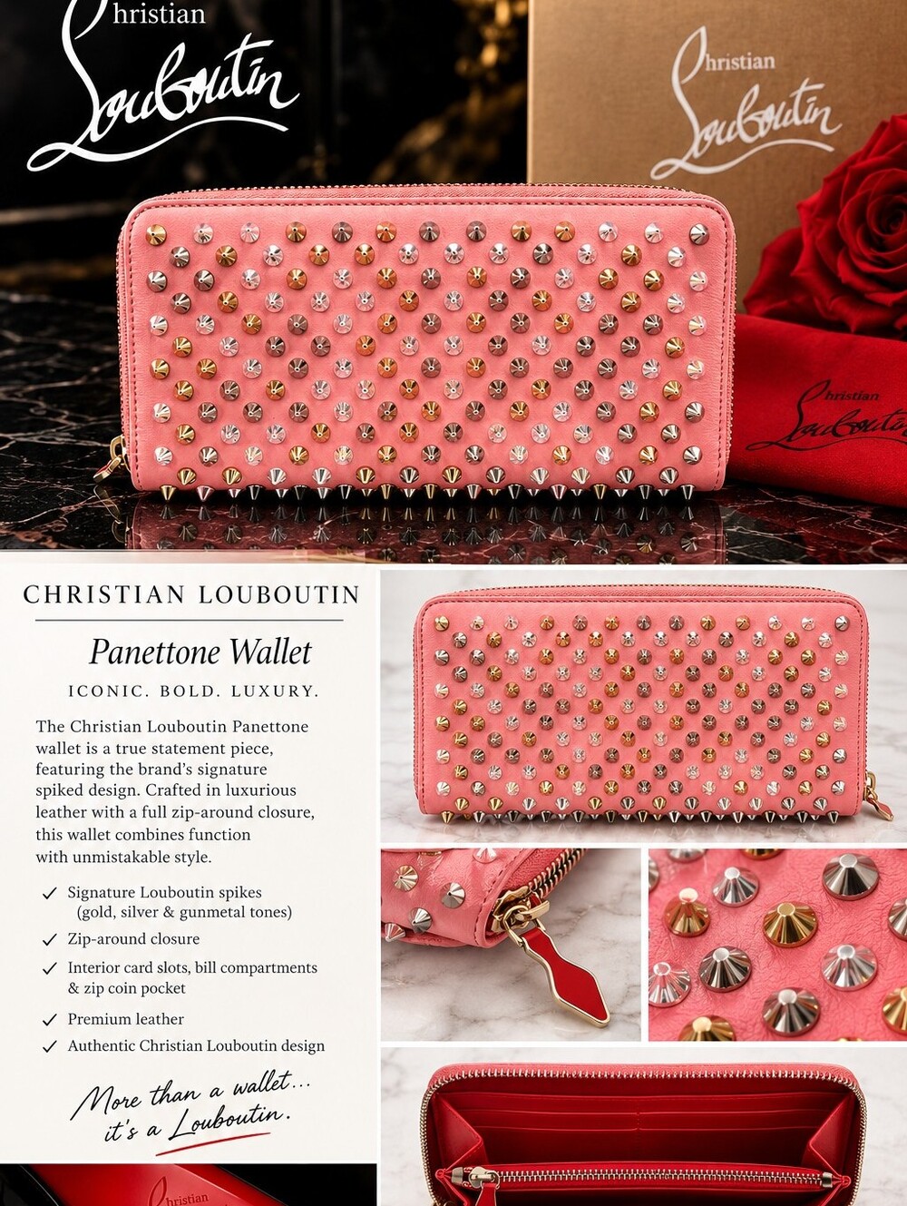 Christian Louboutin Panettone Pink Studded Zip-Around Wallet